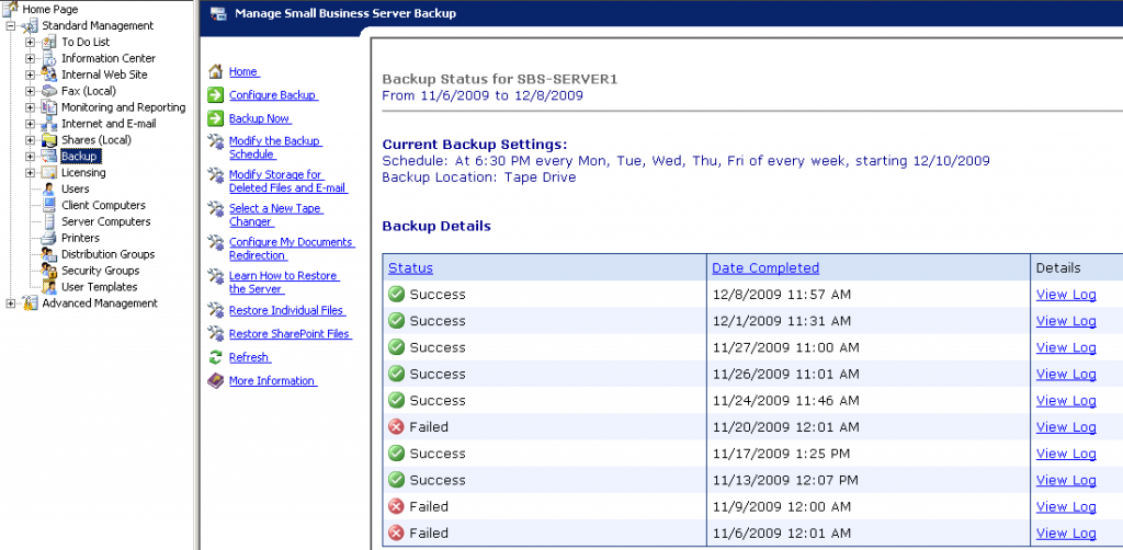 Check Microsoft Windows 2003 Small Business Server for Successful or Failed Backup-2